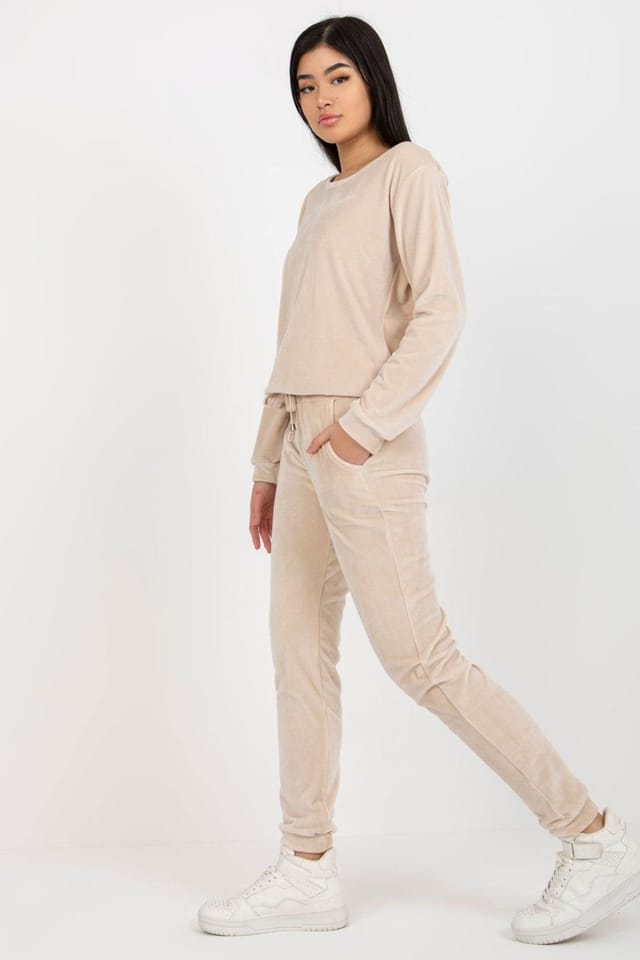 Love Lace Love Lace Women's Velour Blouse & Tie Waist Pants Set Style 175104 in Beige - 2