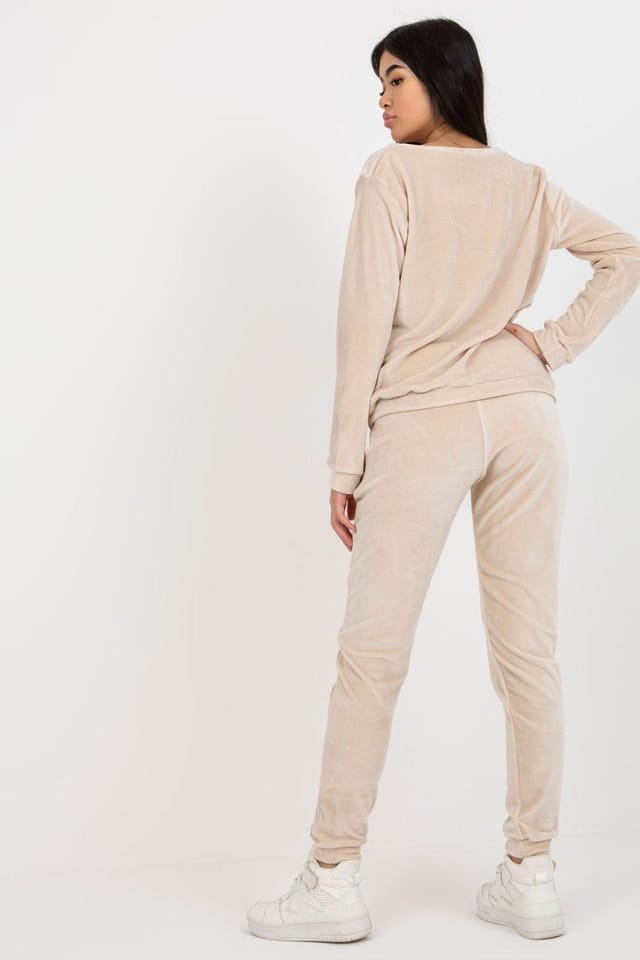 Love Lace Love Lace Women's Velour Blouse & Tie Waist Pants Set Style 175104 in Beige - 3