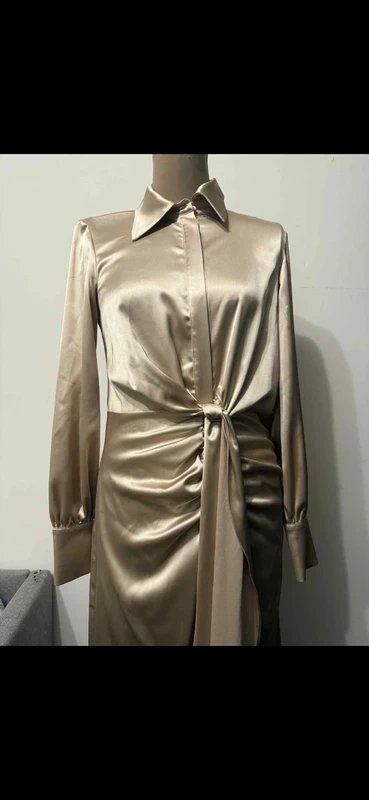 ASOS Design pearly taupe satin silky maxi dress long sleeve shirt twist drape detail modest elegant size 10 - 1