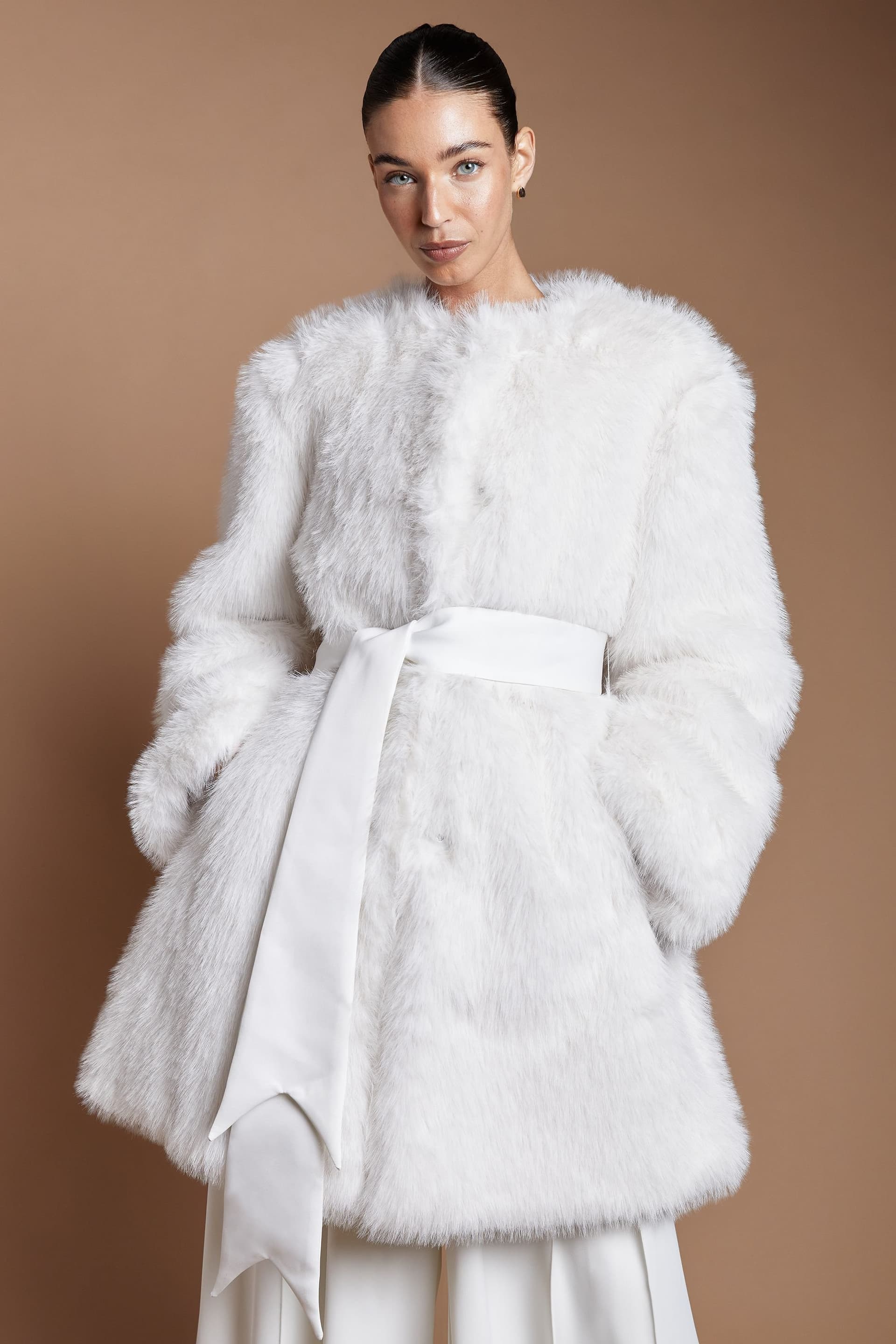 Coast Coast Women's Faux Fur Satin Tie Waist Wedding Coat in Ivory