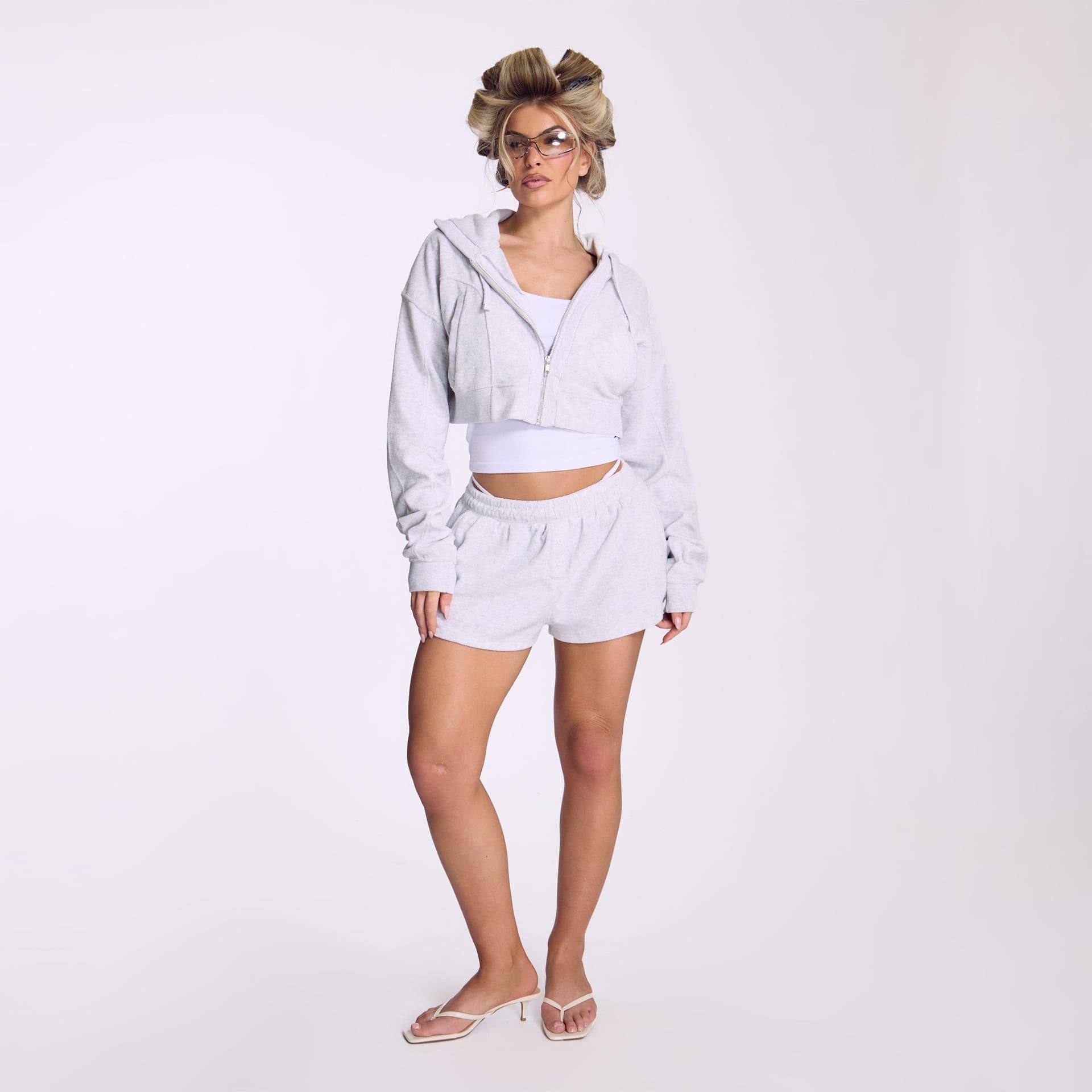 EGO Low Rise Button Front Shorts In Grey Towelling Fabric, Women's Size UK 6