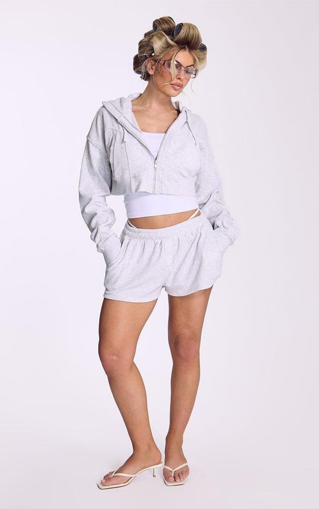 EGO Low Rise Button Front Shorts In Grey Towelling Fabric, Women's Size UK 6 - 2