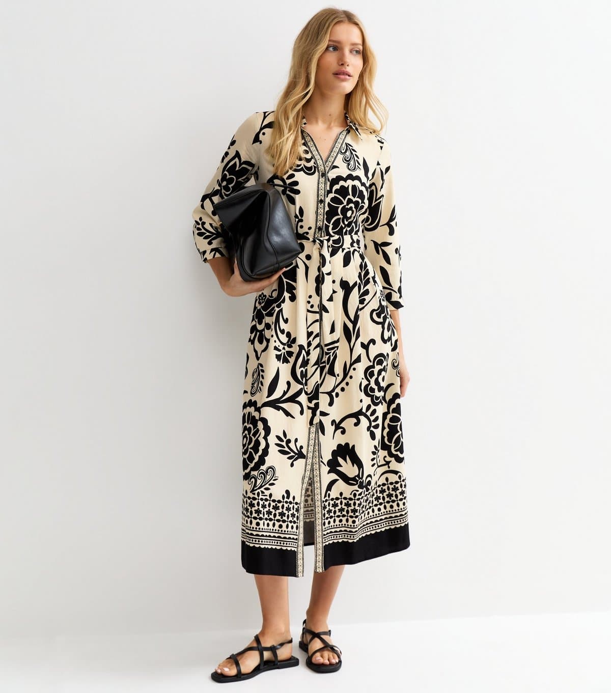 New Look Women's Cream Floral Border Tile Print Midi Shirt Dress New Look