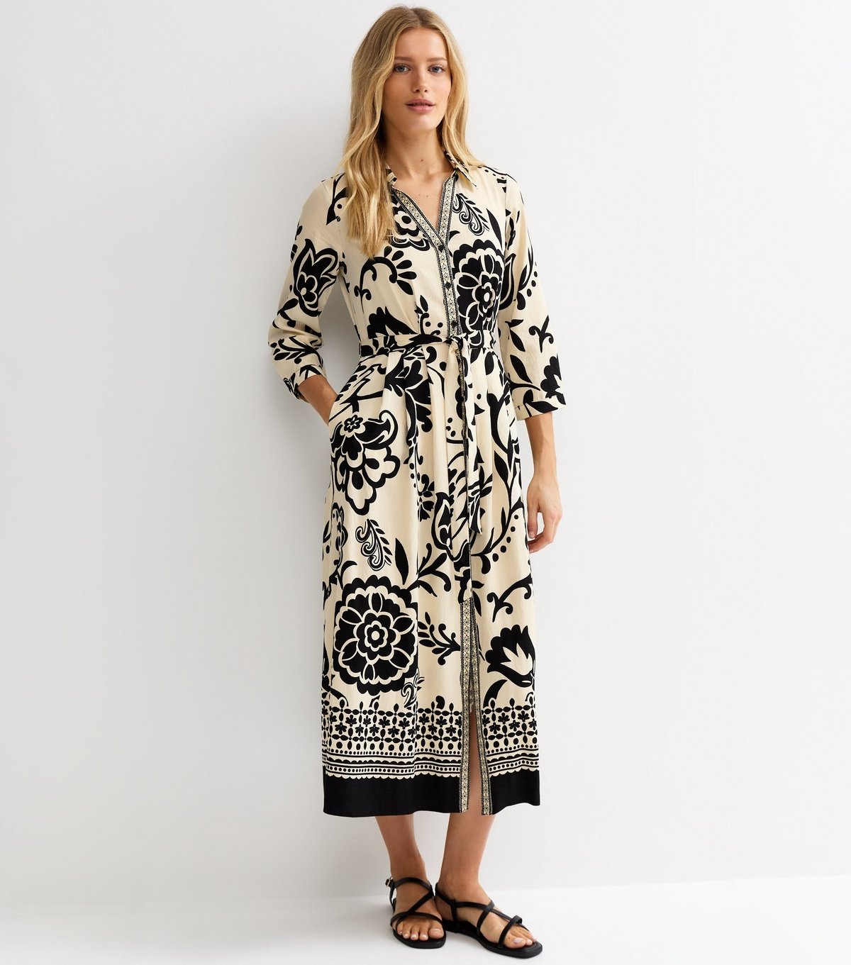 New Look Women's Cream Floral Border Tile Print Midi Shirt Dress New Look - 3