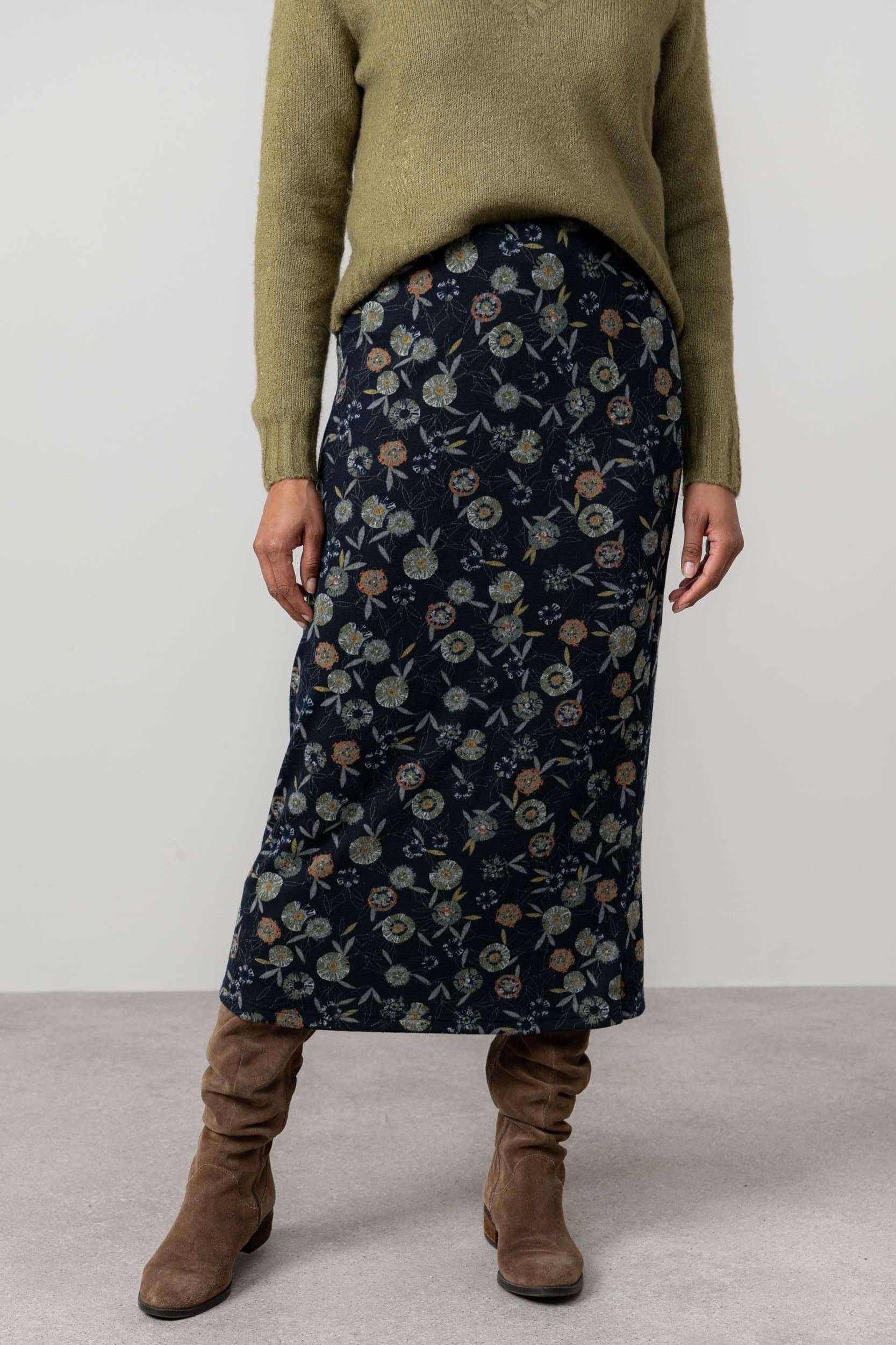Lily & Me Lily & Me Navy Floral Midi Skirt
