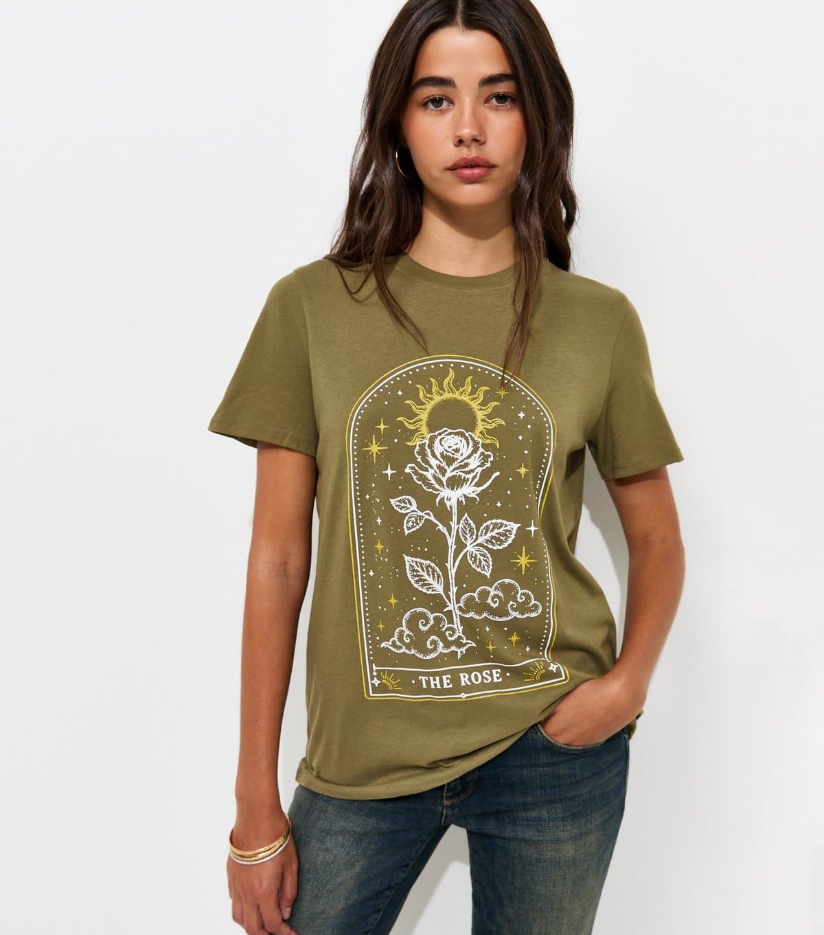 New Look Women's Green Cotton The Rose Mystic Print Relaxed T-Shirt New Look