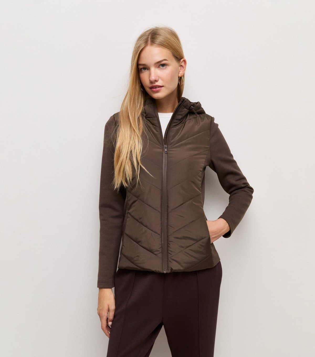 New Look Women's Dark Brown Woven Knit Hybrid Hooded Jacket New Look