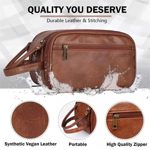 Havendro Havendro Men's PU Leather Toiletry Bag For Men Large Travel Wash Bag in Brown - 2