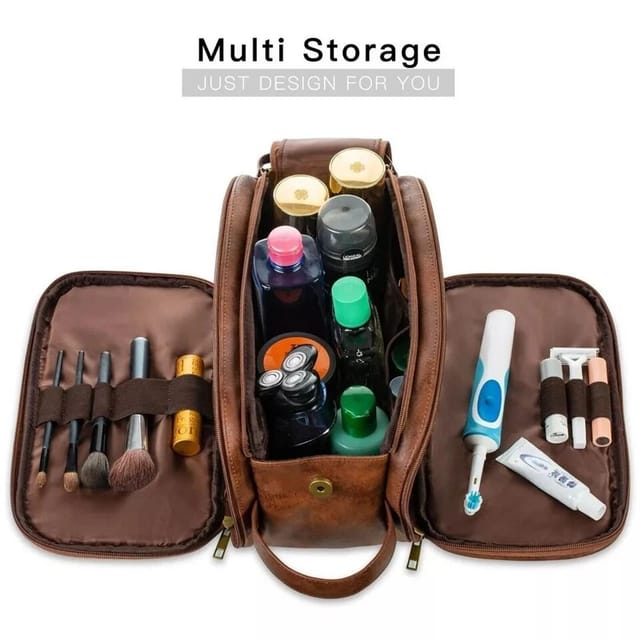 Havendro Havendro Men's PU Leather Toiletry Bag For Men Large Travel Wash Bag in Brown - 3