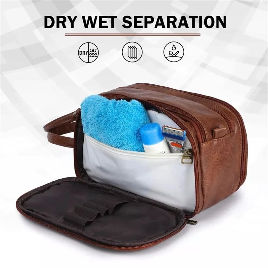 Havendro Havendro Men's PU Leather Toiletry Bag For Men Large Travel Wash Bag in Brown - 4