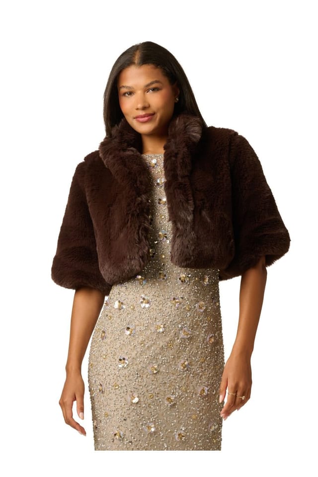 Adrianna Papell Adrianna Papell Women's Faux Fur Coverup Jacket in Brown - 2