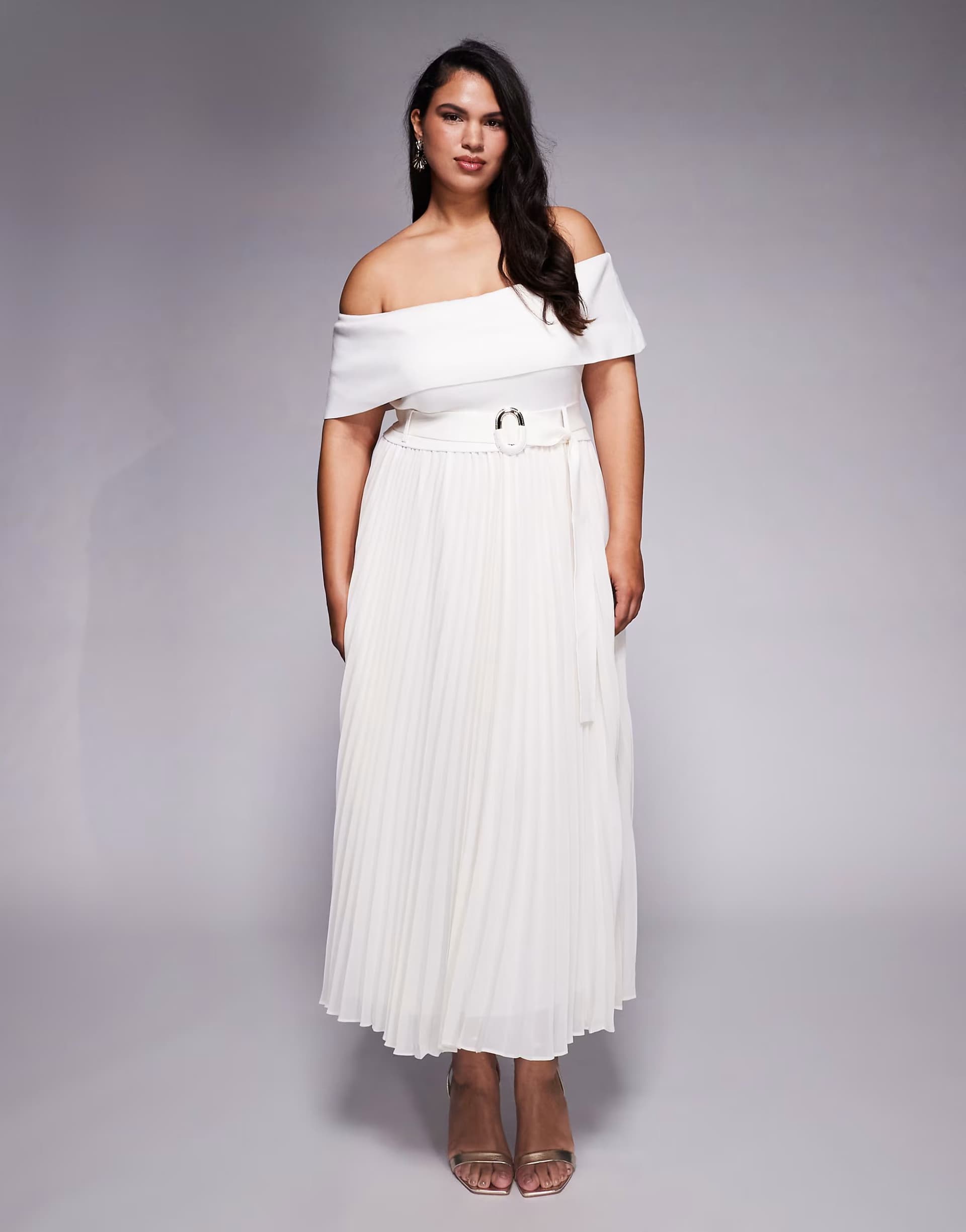 ASOS Forever New Curve knitted bardot belted pleat skirt maxi dress in cream