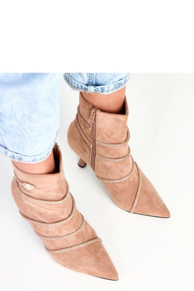 Love Lace Love Lace Women's Elegant Suede Ankle Boots with Zircon Strap Shine Stiletto Heel in Beige - 2