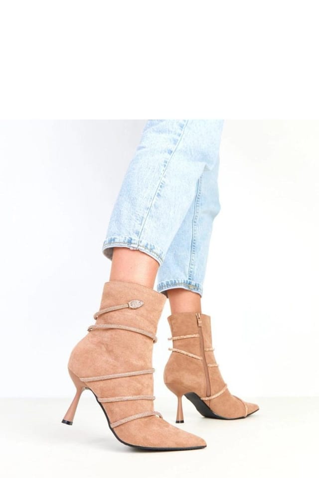 Love Lace Love Lace Women's Elegant Suede Ankle Boots with Zircon Strap Shine Stiletto Heel in Beige - 3