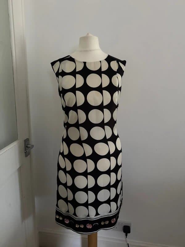 Wallis Wallis Black White Polka Dot Shift Dress Embellished Hem UK 12