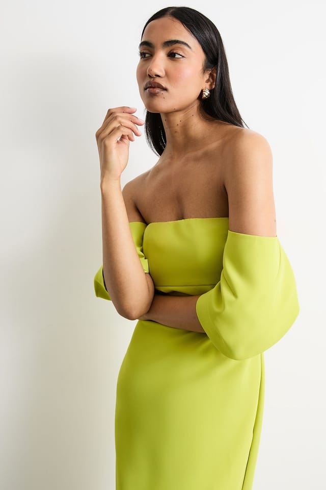 Warehouse Warehouse Women's Stretch Crepe Bardot Column Midi Dress in Chartreuse - 2
