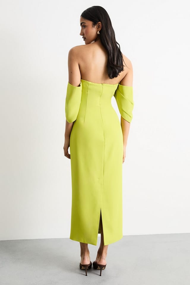 Warehouse Warehouse Women's Stretch Crepe Bardot Column Midi Dress in Chartreuse - 3