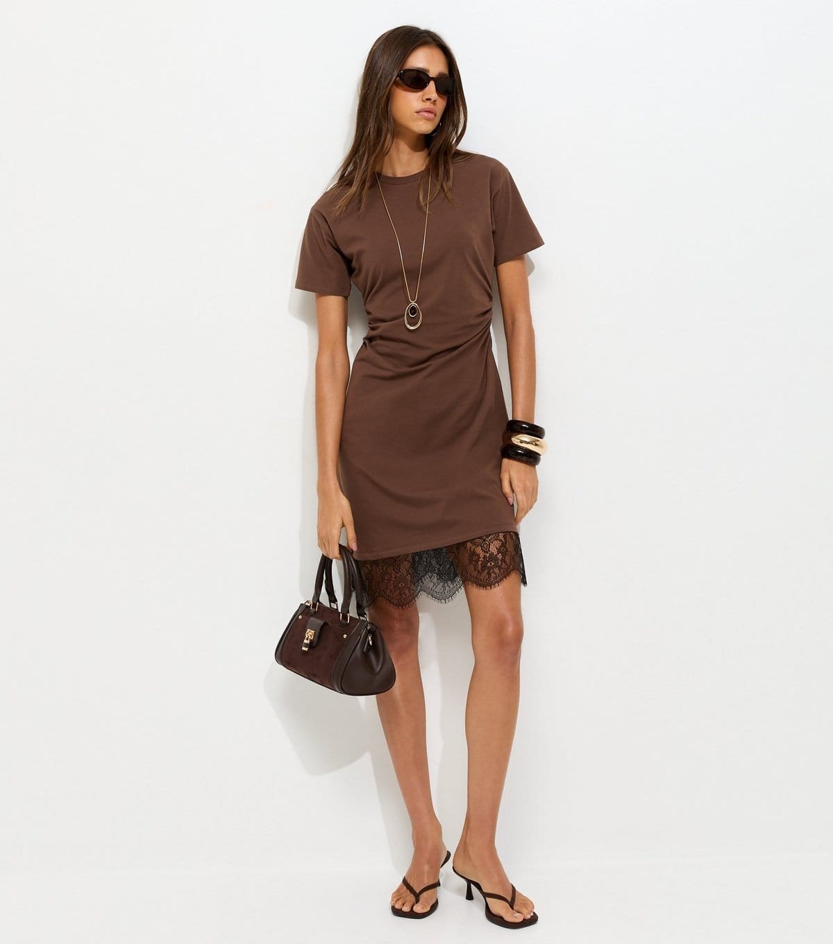 Women's Dark Brown Cotton Rich Ruched Lace Hem T-Shirt Dress New Look