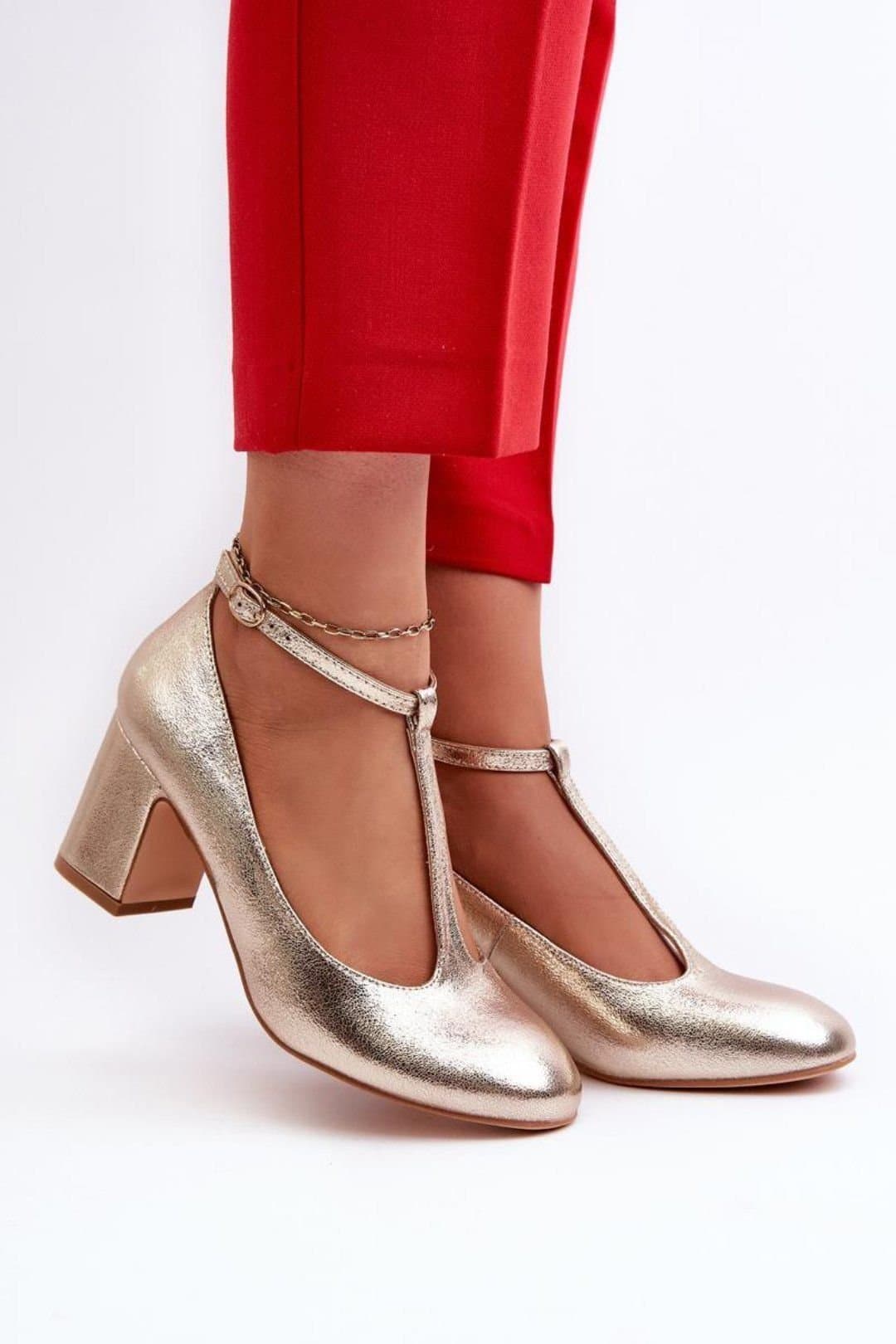 Love Lace Love Lace Women's Block Heel Pump with Adjustable Strap Rounded Toe in Gold