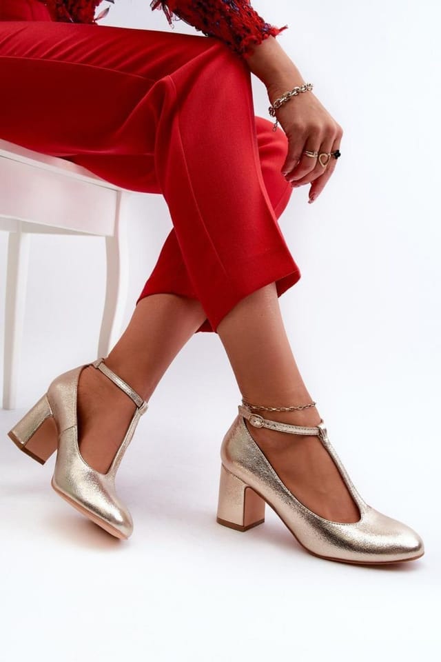 Love Lace Love Lace Women's Block Heel Pump with Adjustable Strap Rounded Toe in Gold - 2