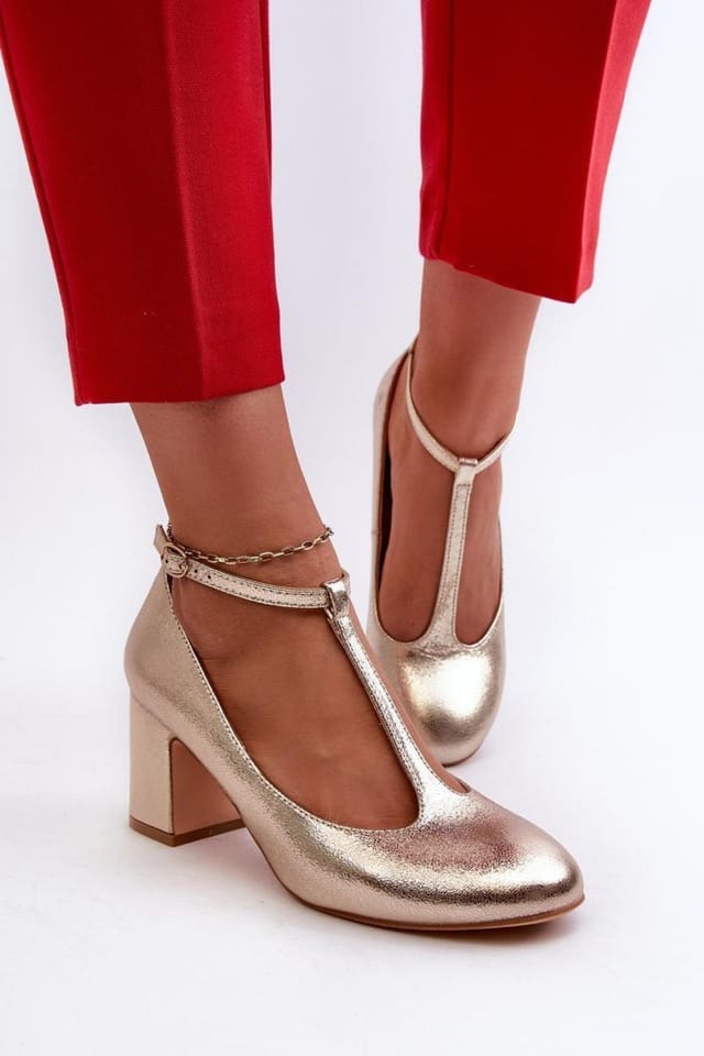 Love Lace Love Lace Women's Block Heel Pump with Adjustable Strap Rounded Toe in Gold - 3