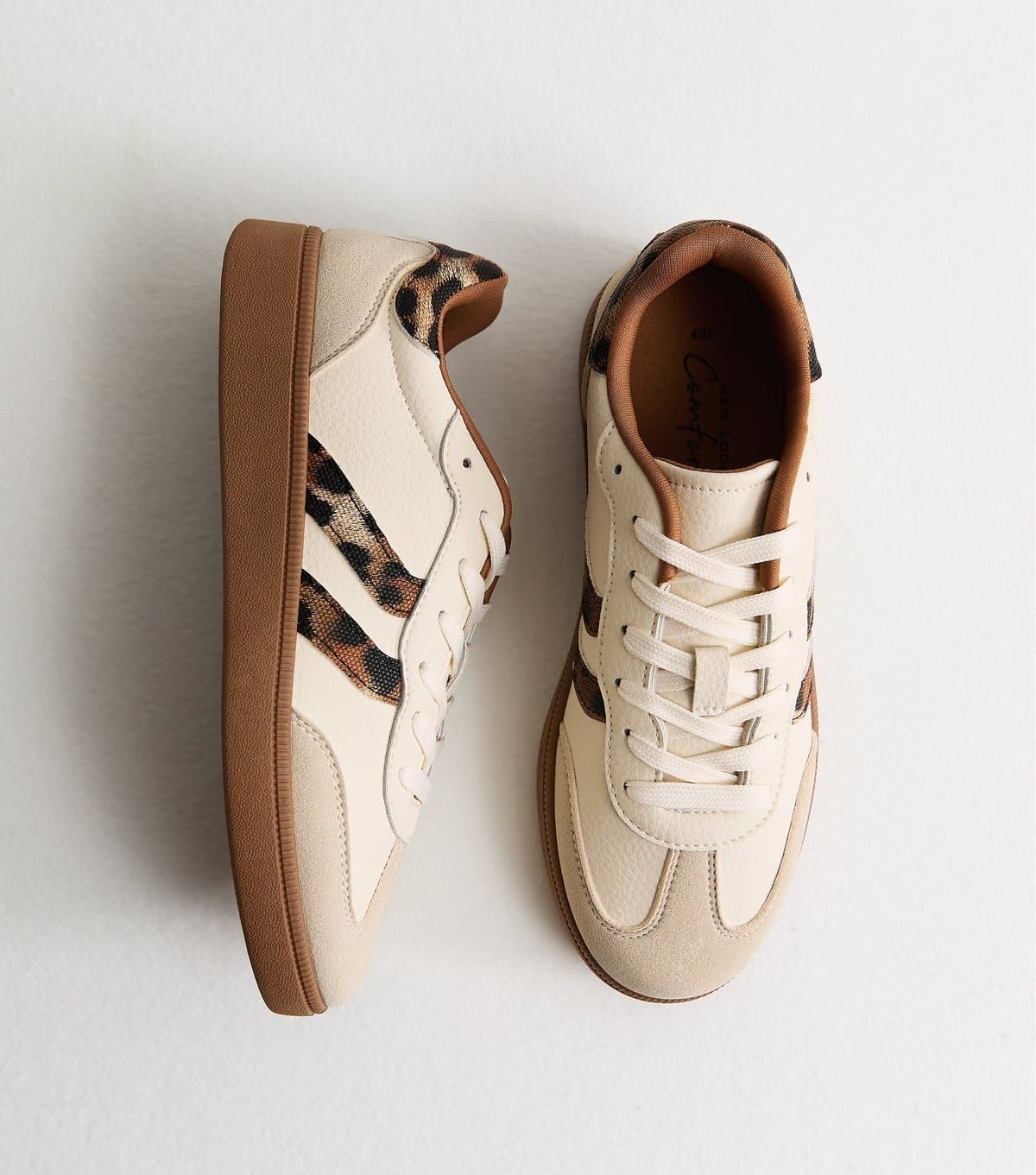 New Look Women's Stone Panelled Faux Suede Leopard Trim Trainers Vegan New Look