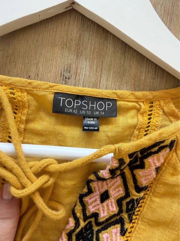 Topshop 💛 Topshop Mustard Embroidered Boho Smock Blouse Cotton Tassel Top UK 14