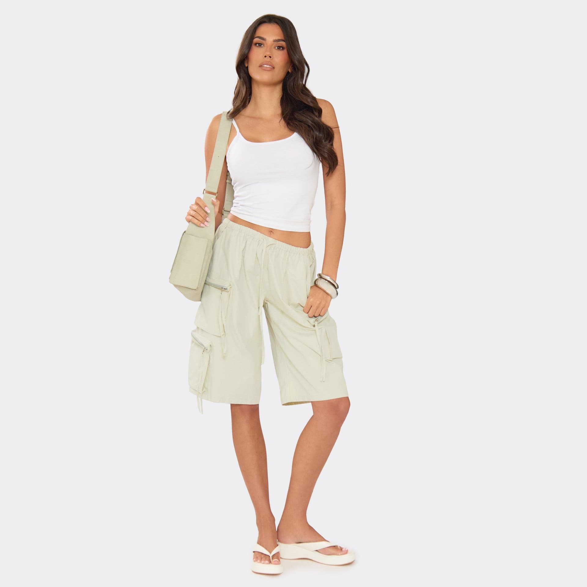 EGO Low Rise Drawstring Waist Pocket Detail Cargo Jort In Grey, Women's Size UK 6