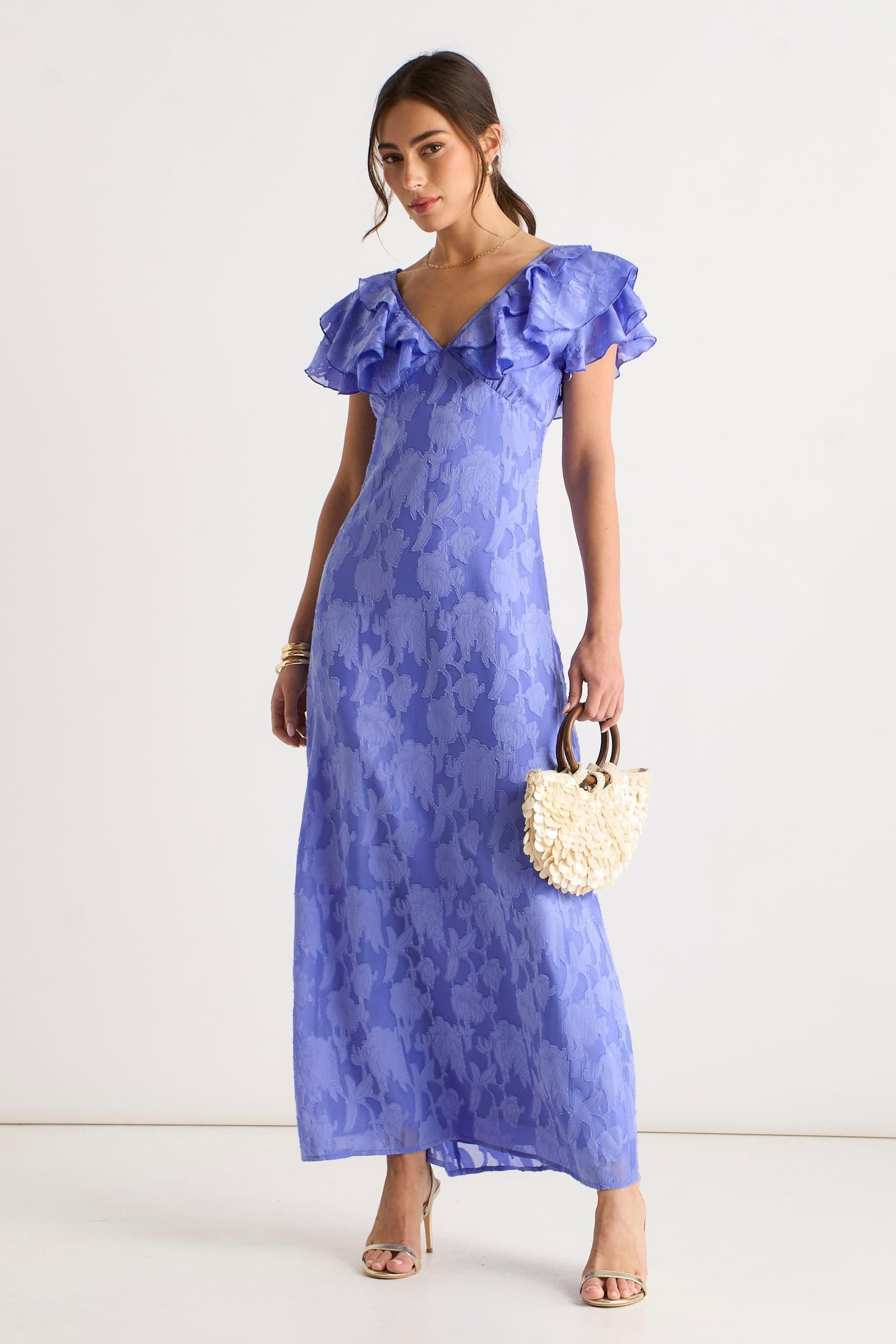 Gini London Gini London Women's Blue Satin Jacquard Ruffle Maxi Dress