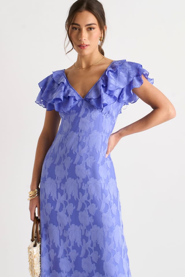 Gini London Gini London Women's Blue Satin Jacquard Ruffle Maxi Dress - 2