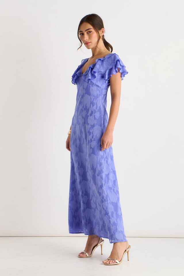 Gini London Gini London Women's Blue Satin Jacquard Ruffle Maxi Dress - 3