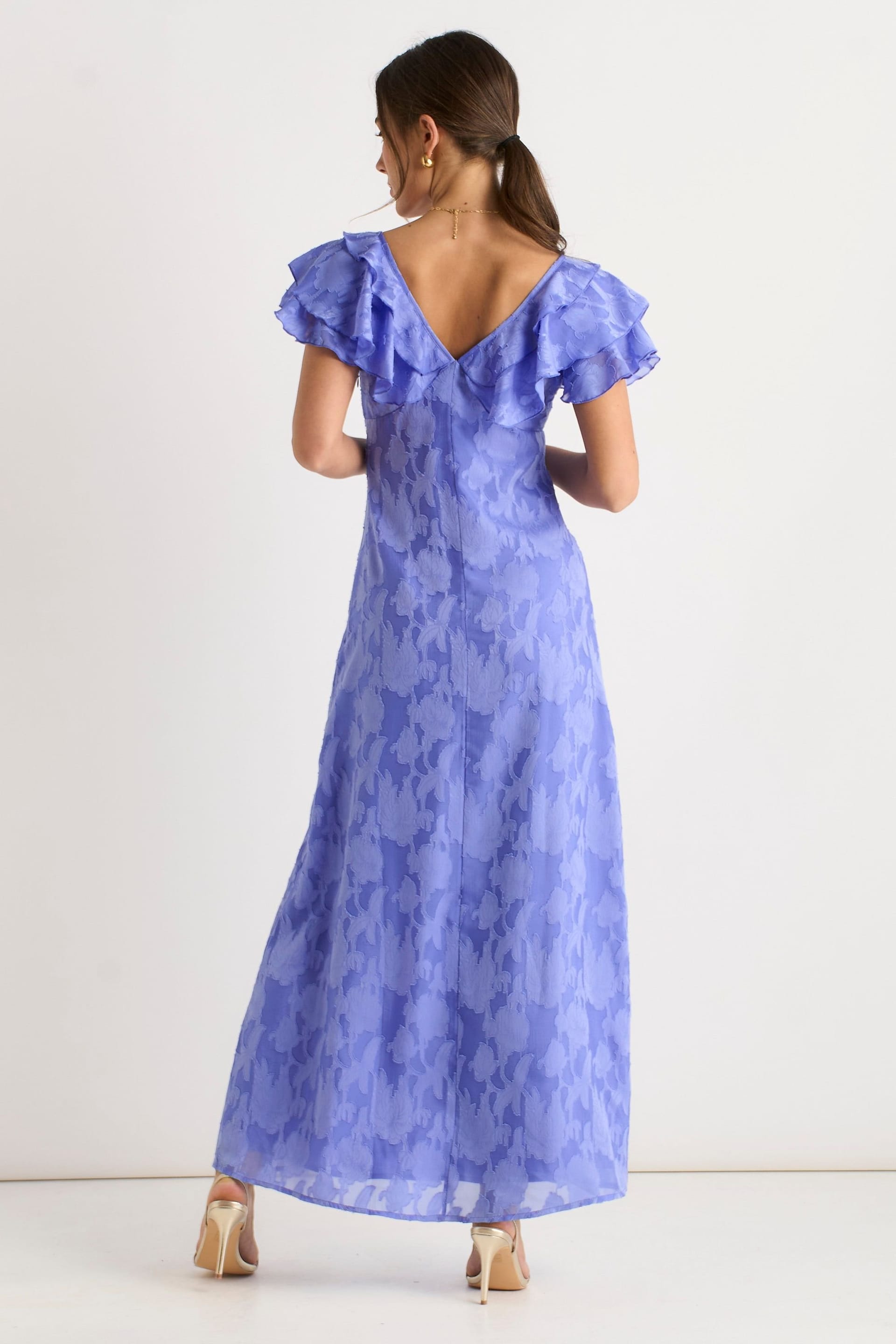 Gini London Gini London Women's Blue Satin Jacquard Ruffle Maxi Dress - 4