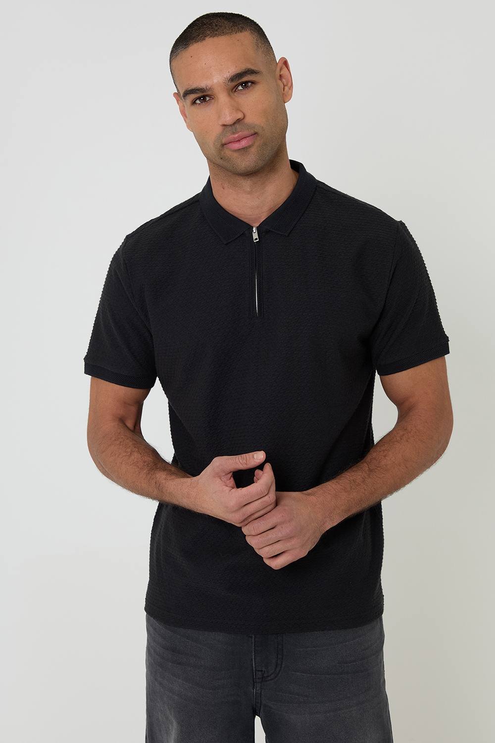 Threadbare Threadbare Men's Textured Cotton Quarter Zip Polo Shirt in Black - 2