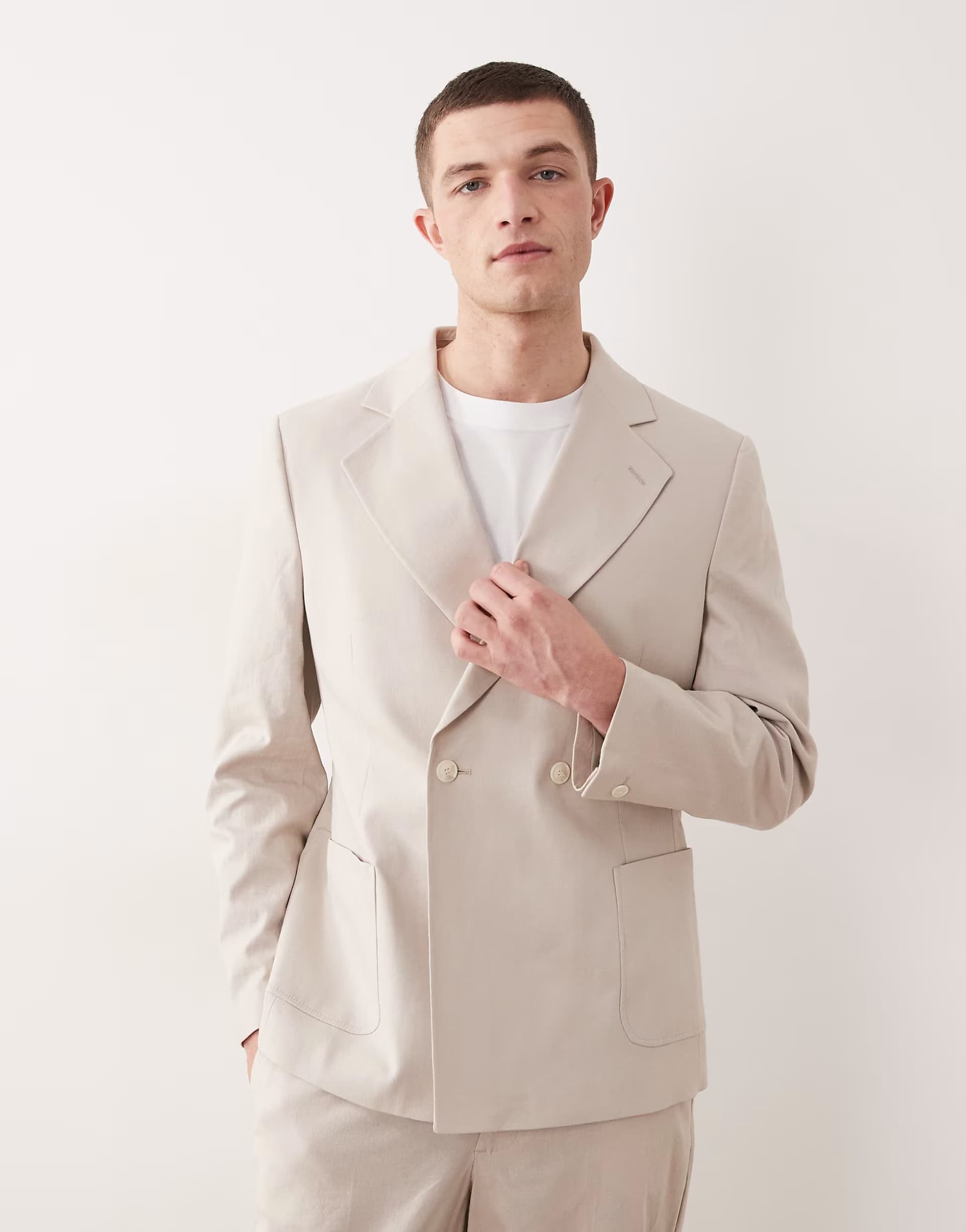 ASOS ASOS DESIGN slouchy double breasted suit jacket in stone with linen