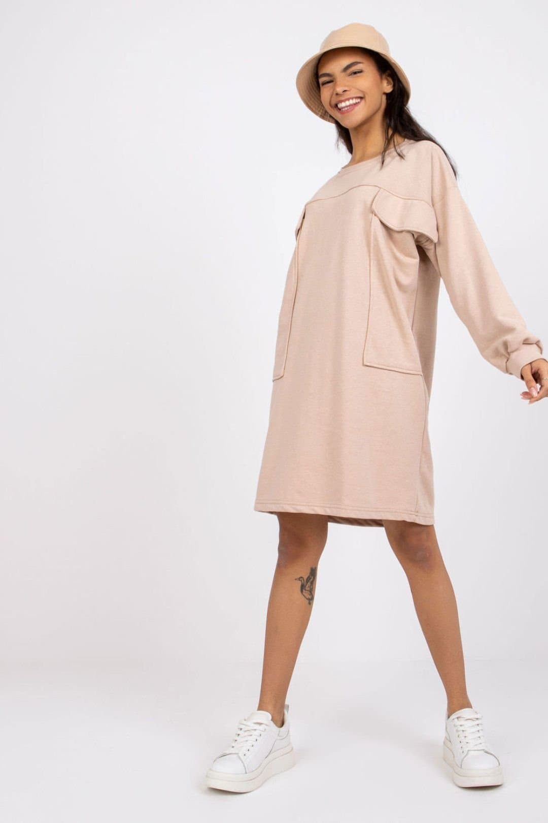 Love Lace Love Lace Women's Loose Fit Long Sleeve Dress with Front Pockets in Beige