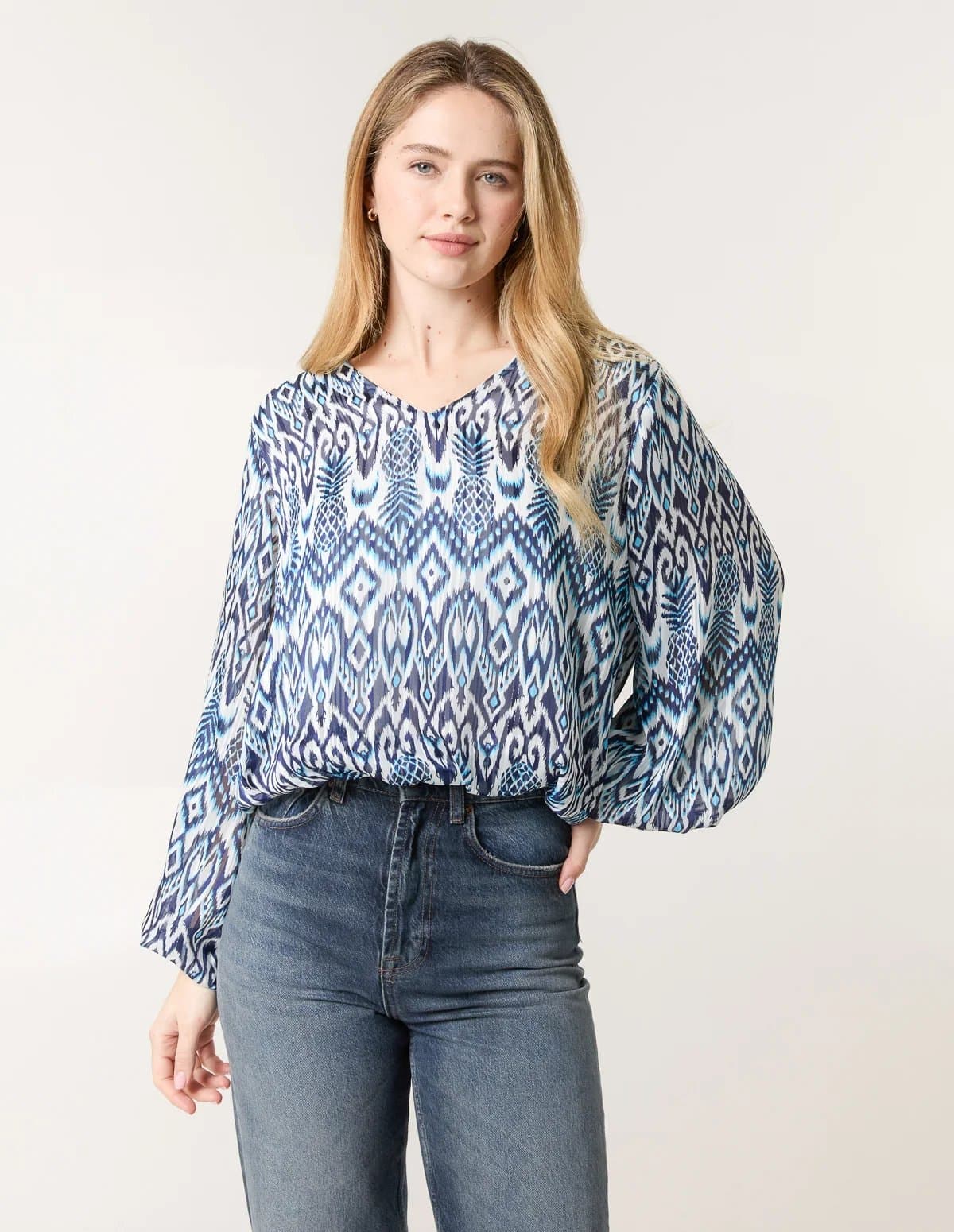 Blue Vanilla Abstract Printed V Neck Puffball Top