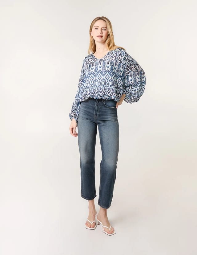 Blue Vanilla Abstract Printed V Neck Puffball Top - 3