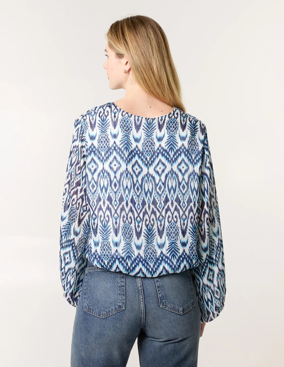 Blue Vanilla Abstract Printed V Neck Puffball Top - 4