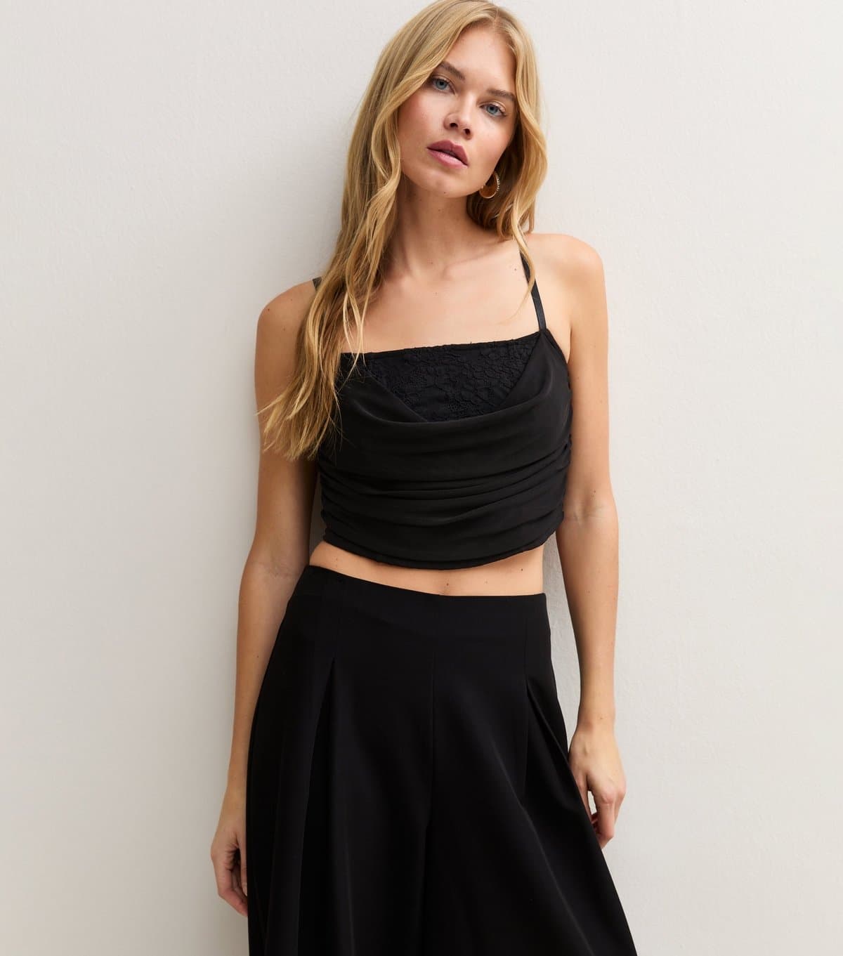 New Look Women's Black Lace Draped Corset Cropped Cami Vest New Look