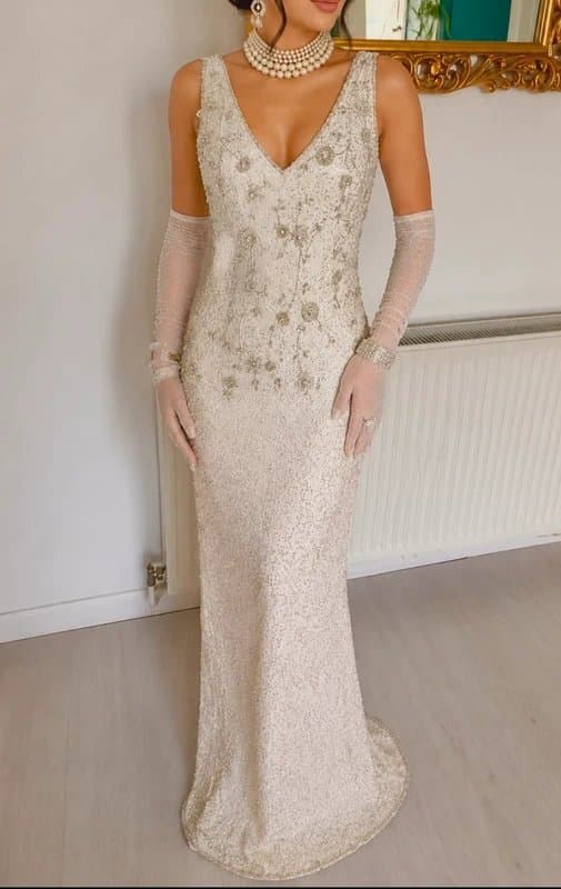 Monsoon Vintage 1930s Monsoon Evening Formal Gown, Beaded Wedding Dress, Bias cut Silk Dress,  Size 14UK