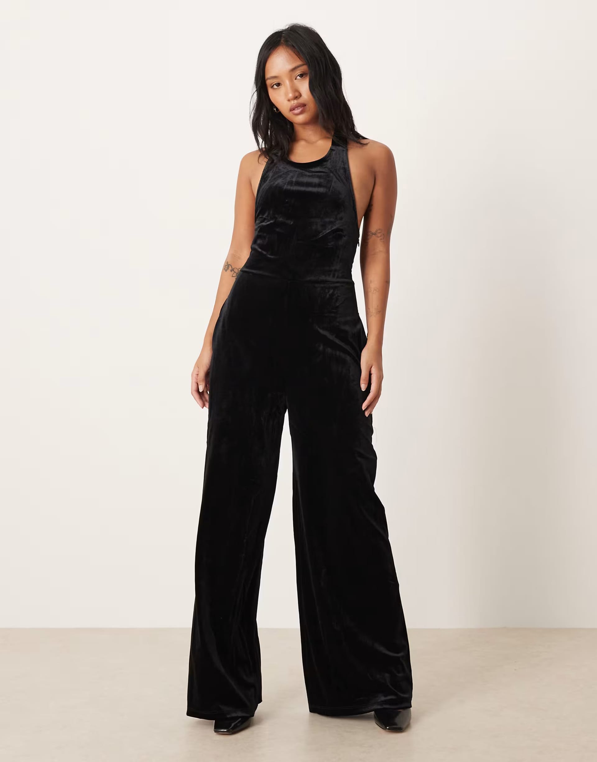 ASOS Black Velvet Halterneck Jumpsuit Petite