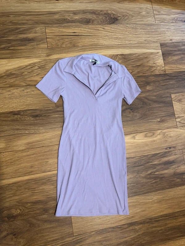 Stradivarius Stradivarius Ribbed Lilac Mini Dress | Bodycon T-Shirt Fit | Collar | Soft Preppy | Size M