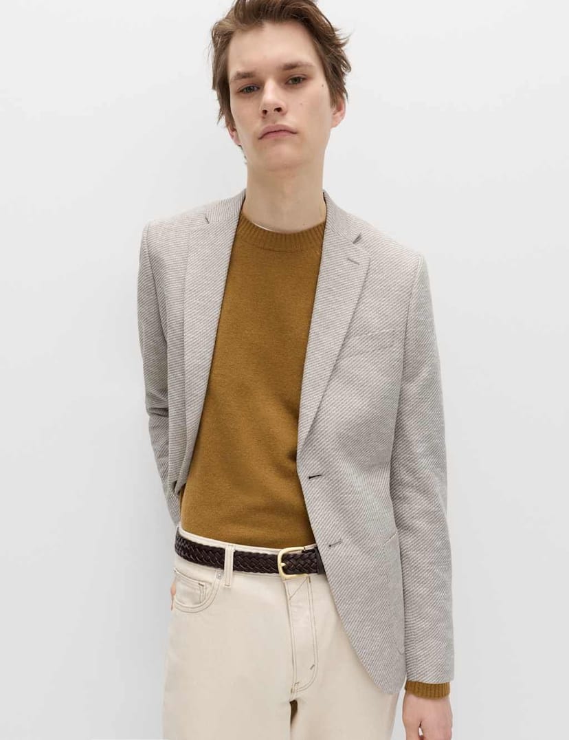 Marks & Spencer M&S Tailored Fit Cotton Blend Textured Stretch Blazer Neutral - 1