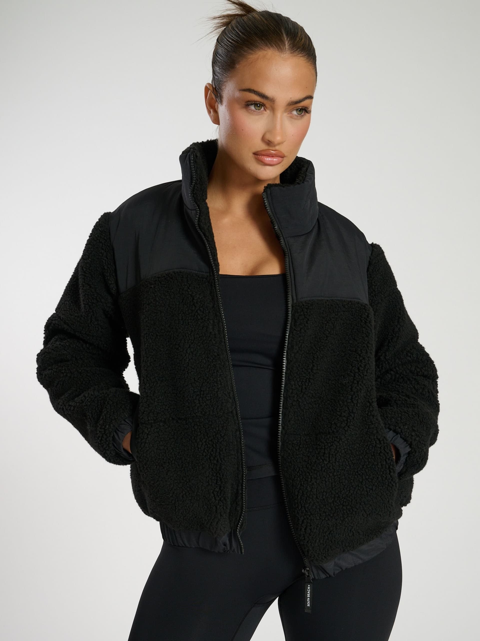 South Beach South Beach Women's Borg Zip Up Padded Jacket in Black