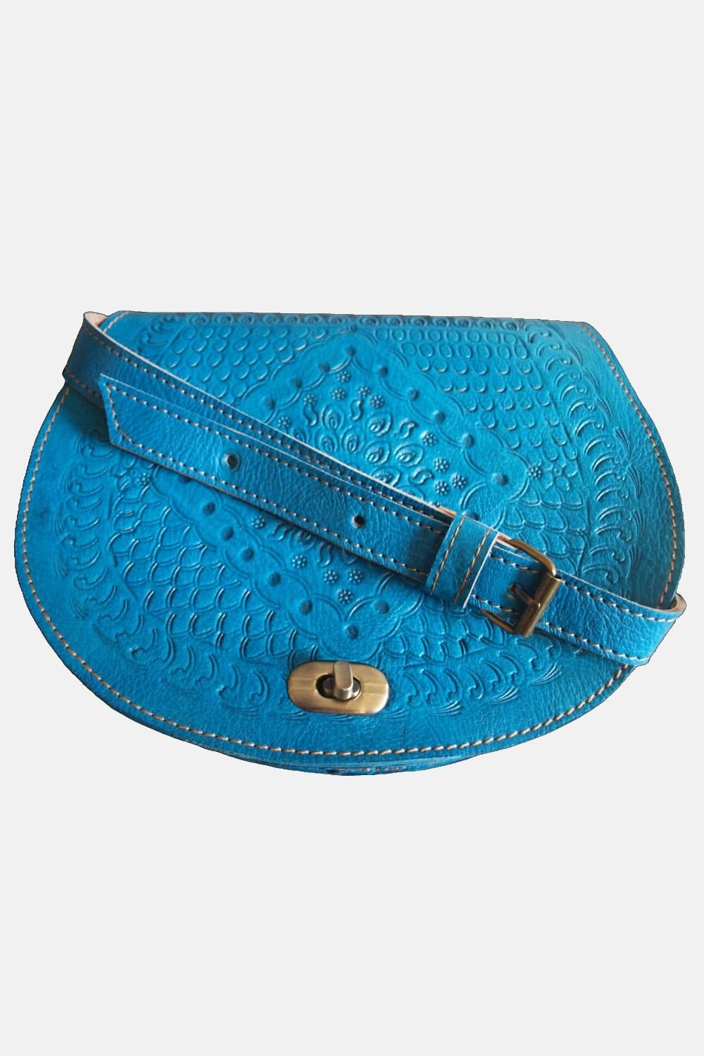 Berber Leather Berber Leather Women's 'The Temara' Embossed Leather Saddle Bag in Bright Blue