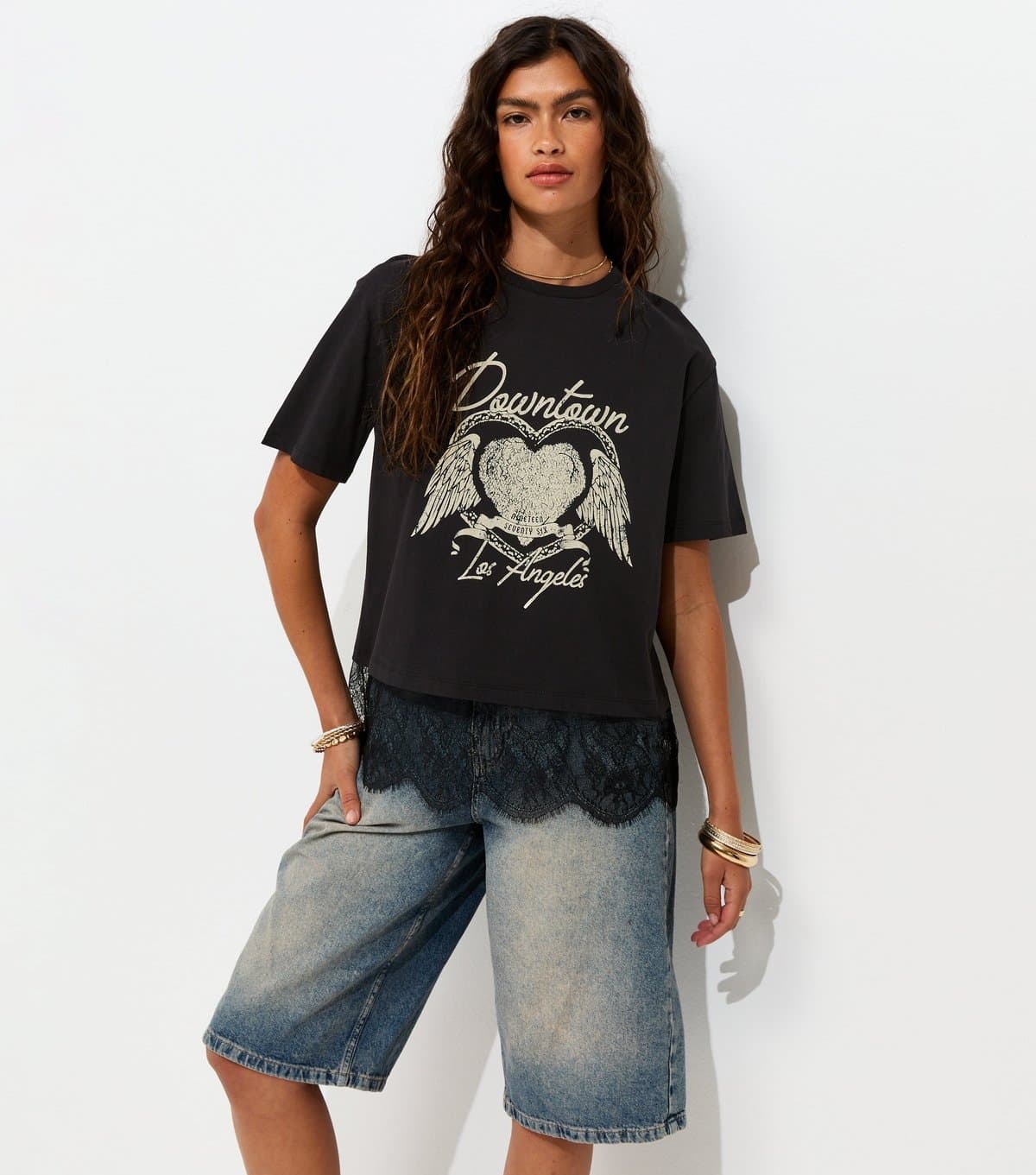 New Look Women's Black Cotton Downtown Los Angeles Heart Lace Trim T-Shirt New Look