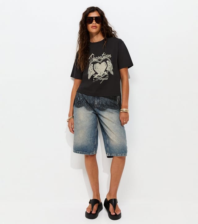 New Look Women's Black Cotton Downtown Los Angeles Heart Lace Trim T-Shirt New Look - 3