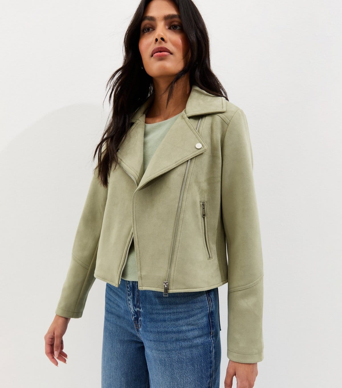 Women's Light Khaki Faux Suede Biker Jacket New Look