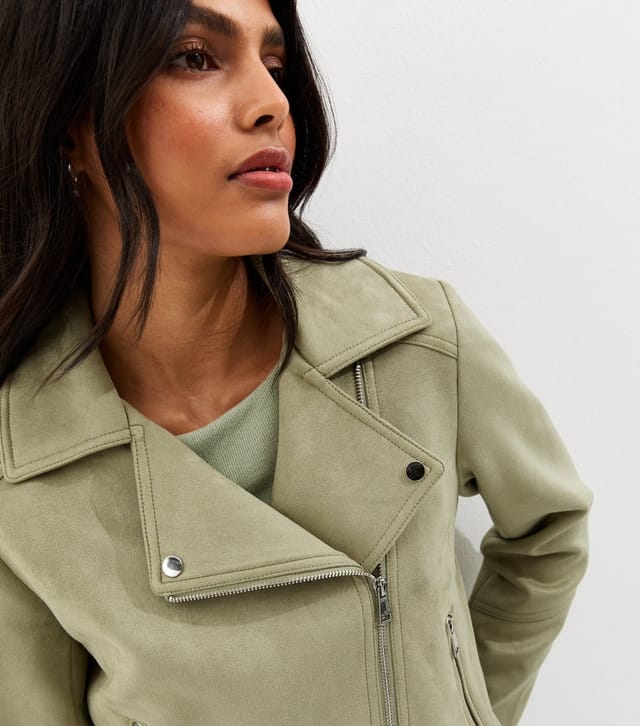 New Look Women's Light Khaki Faux Suede Biker Jacket New Look - 2