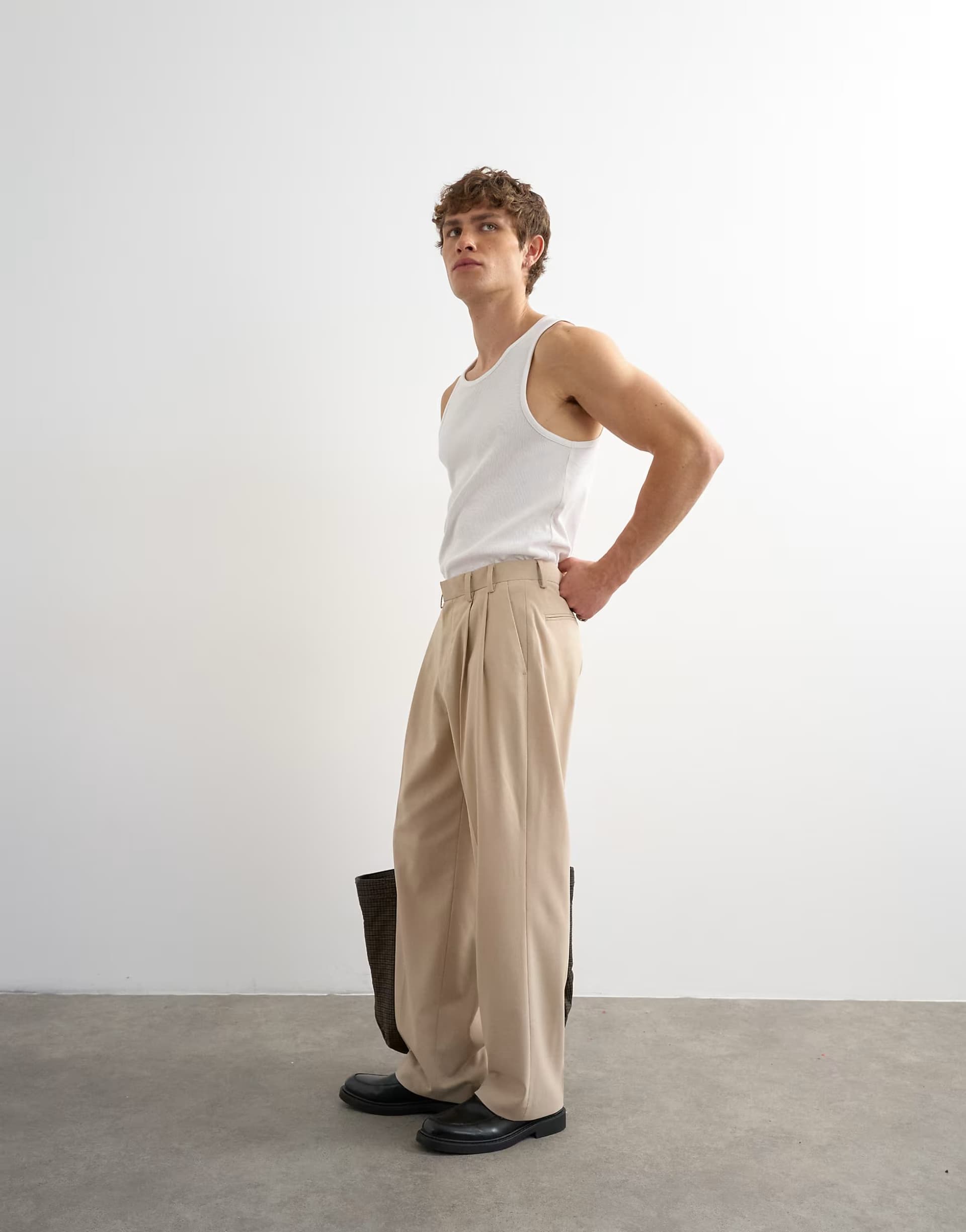 ASOS Topman wide leg pleated trouser in stone